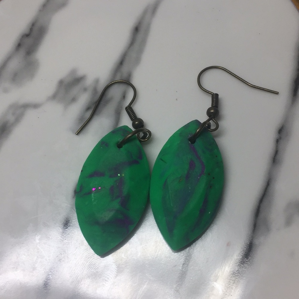 Handmade Polymer Clay Earrings-Green/Purple Dangle